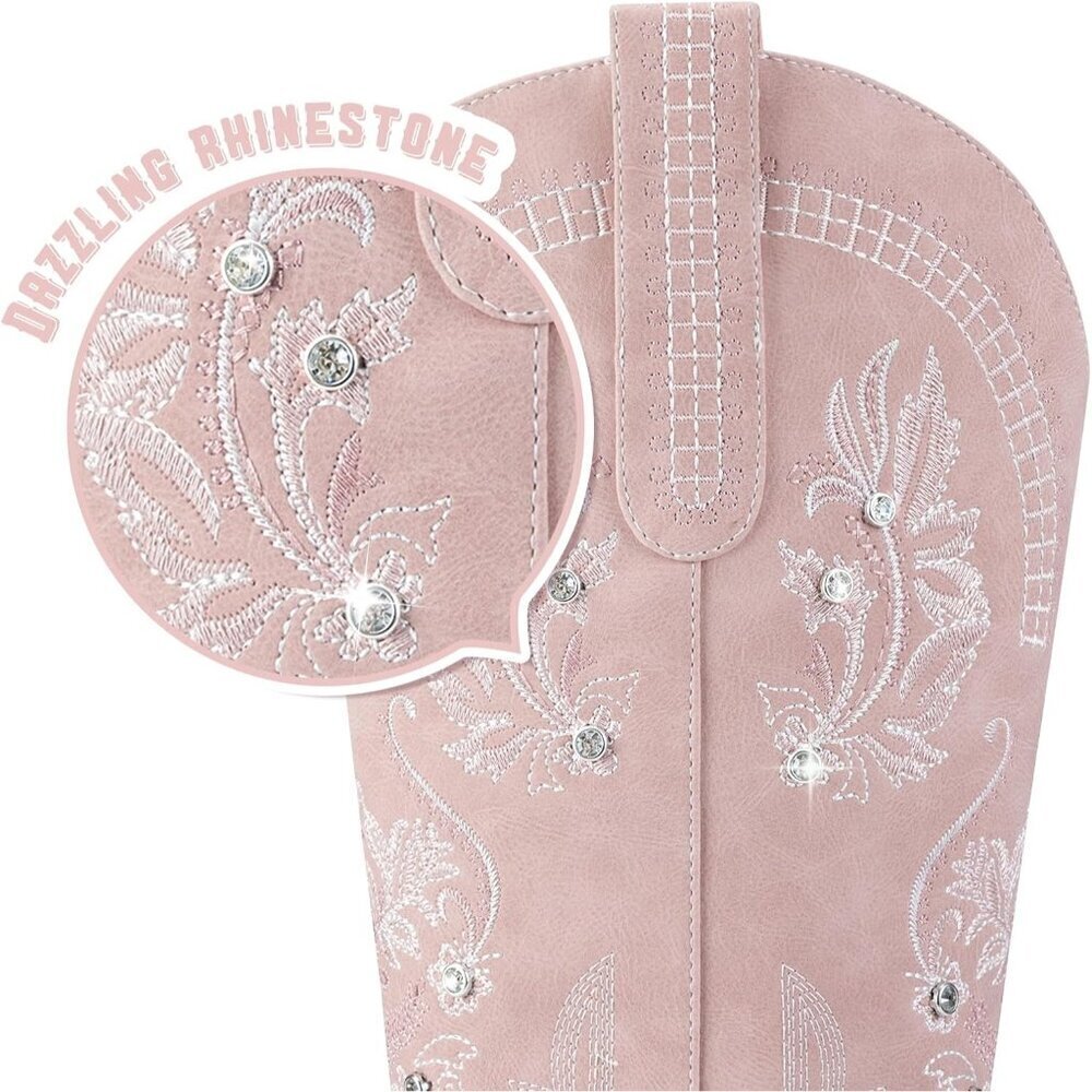 Women Polyurethane Light Pink Rhinestone Embroidered Chunky Heel Knee High Boots - Picture 4 of 5